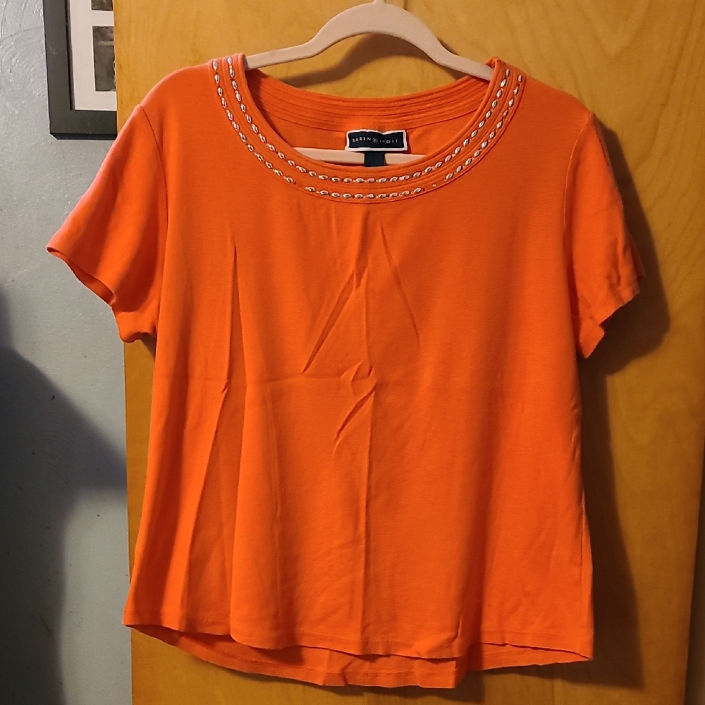 Karen Scott Peach Colored Short Sleeve Blouse Embellished Relaxed